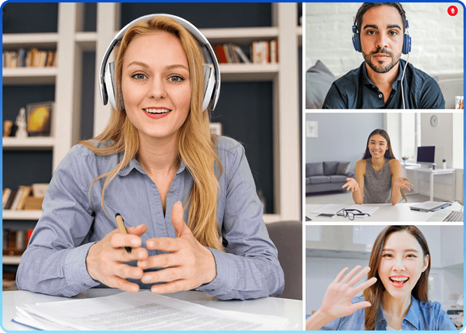 Main hero image showing video conferencing interface